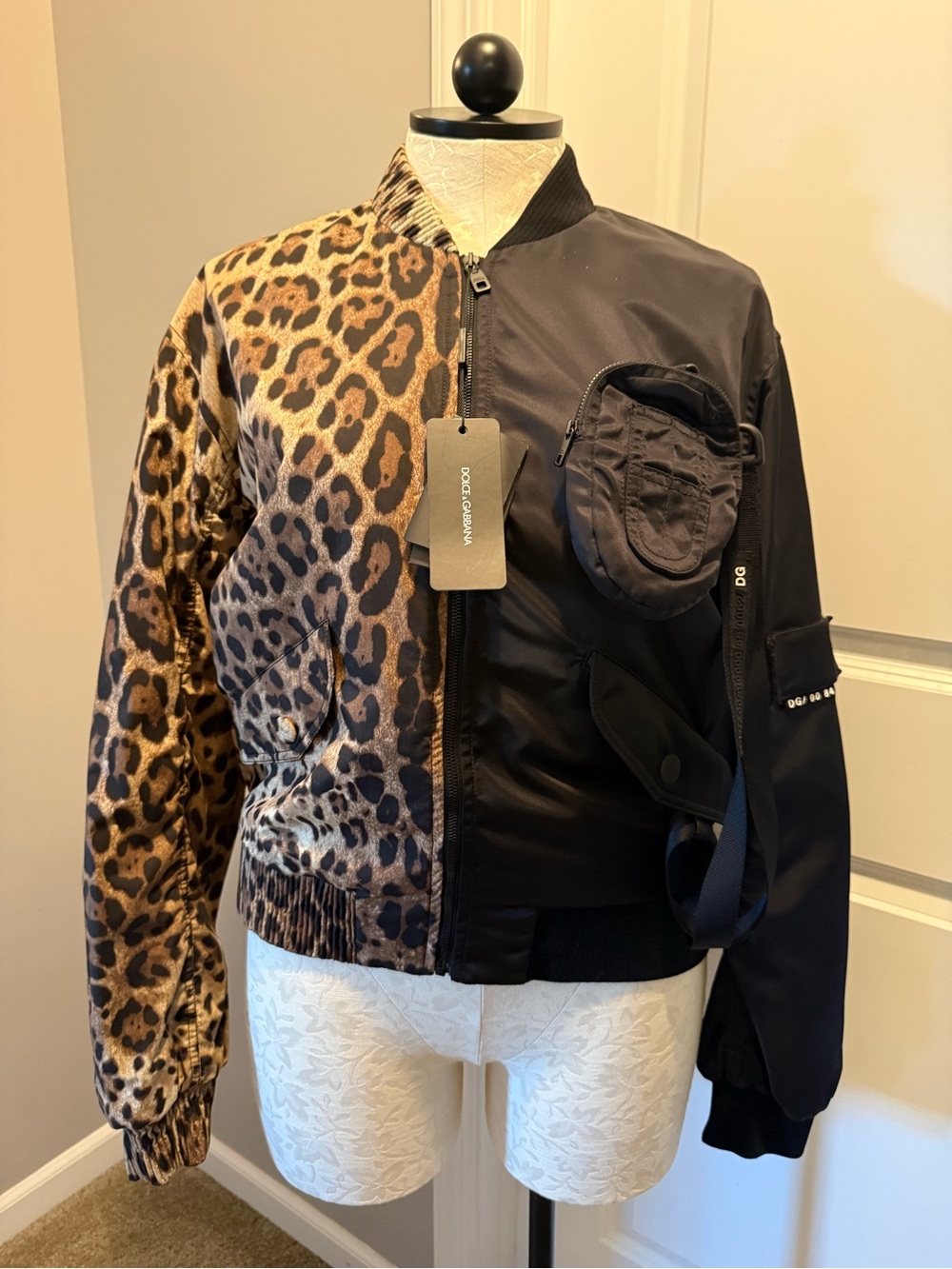 Dolce & Gabbana Leopard Print and Black Mixed-Fabric Bomber Jacket